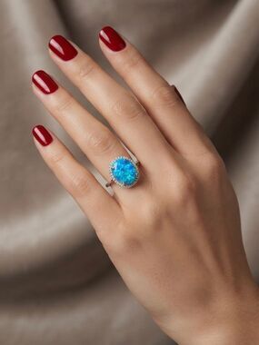 Stunning 925 Sterling Silver Blue Opal Oval Halo Ring CZ Accents Size 9 New